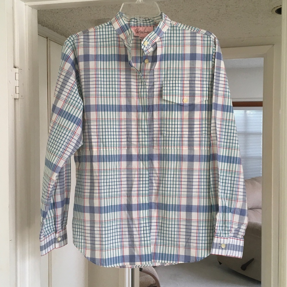 JACLYN SMITH/LIGHT WEIGHT COTTON PLAIDwMANDARIN COLLAR SHIRT/NEW